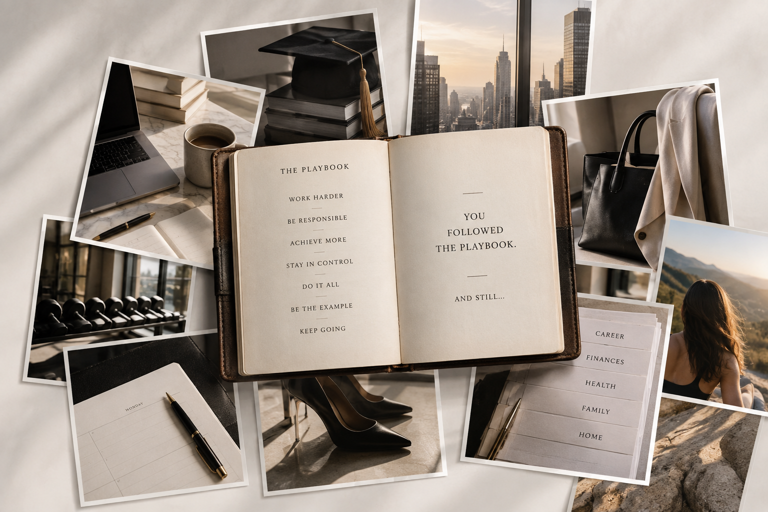 Editorial collage of an open playbook surrounded by photographs of achievement, responsibility, control, and productivity